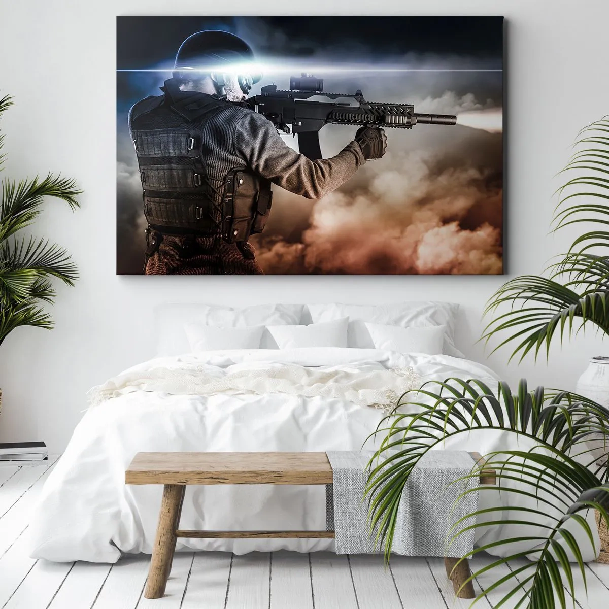 Lærredstryk - Billede på lærred - En soldat i aktion med en riffel mod en baggrund af skyer og lys. - 70x50cm - Bare en helt - Moderne vægdekoration til stue og soveværelse ARTTOR