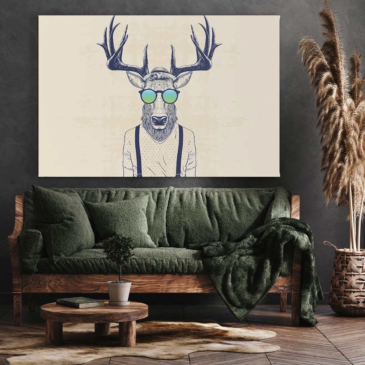 Lærredstryk - Billede på lærred - Stiliseret hjort i solbriller - 70x50cm - Hvem forventede du? - Moderne vægdekoration til stue og soveværelse ARTTOR