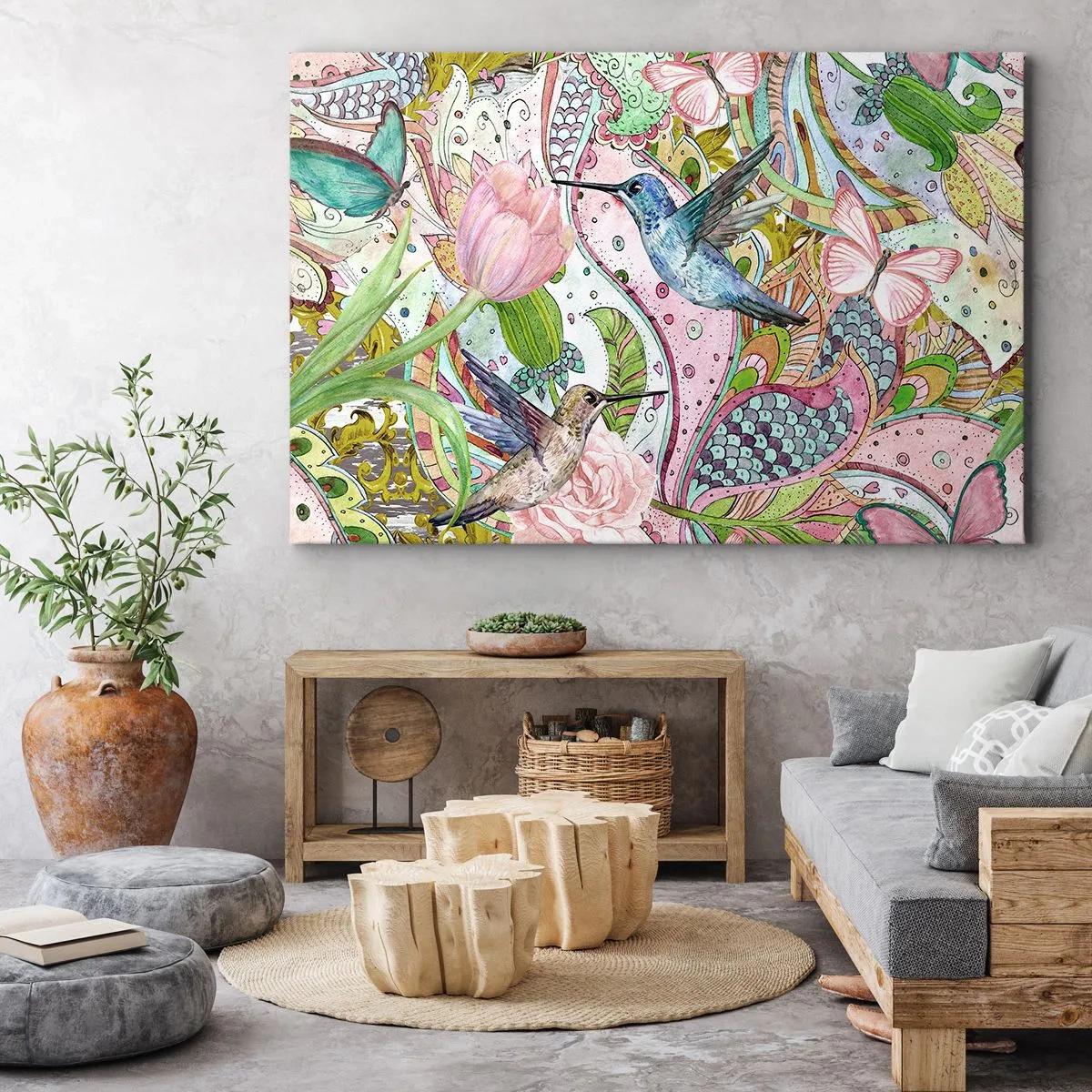 Lærredstryk - Billede på lærred - Farverige kolibrier og sommerfugle blandt planterne - 70x50cm - Forviklet i vinstokkene - Moderne vægdekoration til stue og soveværelse ARTTOR
