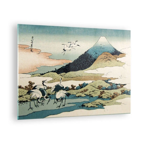 Billede på glas - Et maleri af fugle i et japansk landskab med udsigt over Fuji-bjerget. - 70x50cm - I japansk ånd - Moderne vægdekoration til stue og soveværelse ARTTOR