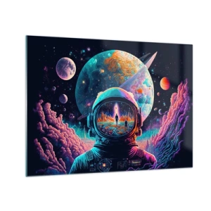 Billede på glas - Et rumlandskab med en astronaut og en surrealistisk planet. - 70x50cm - Filosoffer har aldrig drømt - Moderne vægdekoration til stue og soveværelse ARTTOR