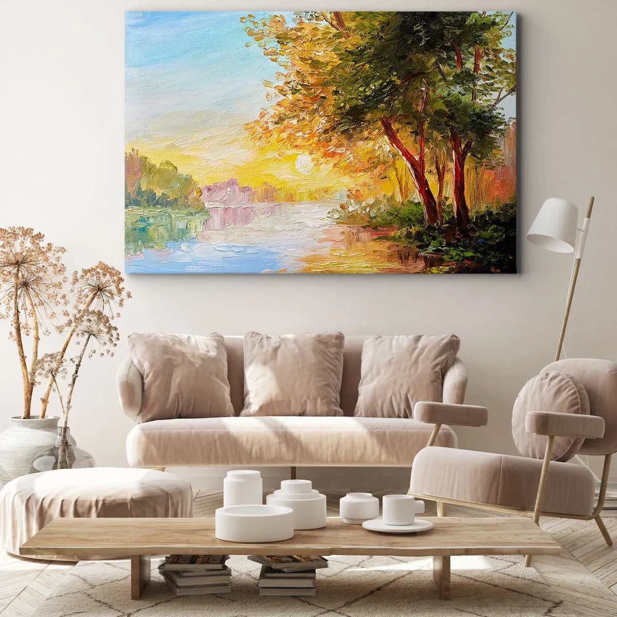 Lærredstryk - Billede på lærred - Et malerisk landskab med en flod og træer ved solnedgang - 70x50cm - Et in Arcadia ego - Moderne vægdekoration til stue og soveværelse ARTTOR