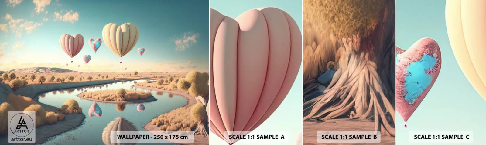 Prøve Fototapet Selvklæbende Deluxe Sticker - Kærlighed lader dig svæve - Balloner, Pastel, Slik - 100x30 cm