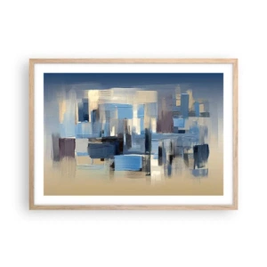 Plakat i ramme af lyst egetræ - Blå konstruktion - 70x50 cm