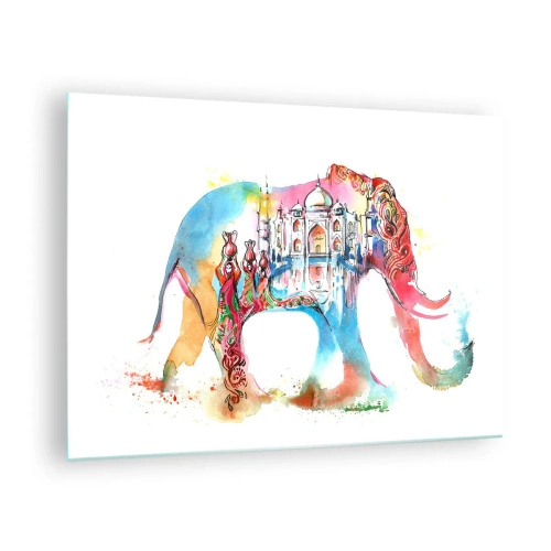 Billede på glas - Farverigt akvarelmaleri af en elefant med et indisk motiv - 70x50cm - Indien - kærlighedens aura - Moderne vægdekoration til stue og soveværelse ARTTOR