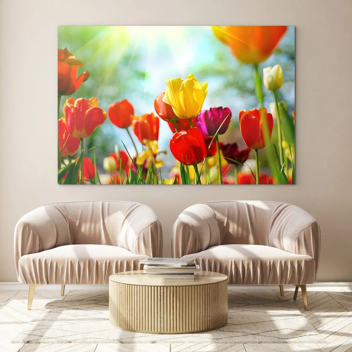 Billede på glas - Farverige tulipaner oplyst af solens stråler - 70x50cm - Alle solens farver - Moderne vægdekoration til stue og soveværelse ARTTOR