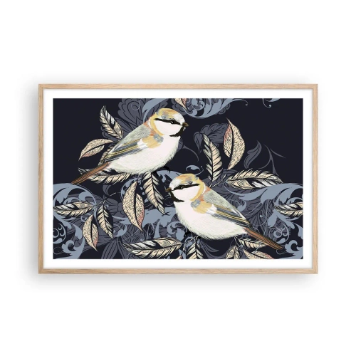 Plakat i ramme af lyst egetræ - Gul-blå espalier - 91x61 cm
