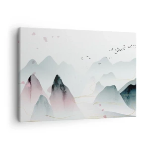 Lærredstryk - Billede på lærred - Abstrakte bjerge i pastelfarver - 70x50cm - Over toppene - Moderne vægdekoration til stue og soveværelse ARTTOR