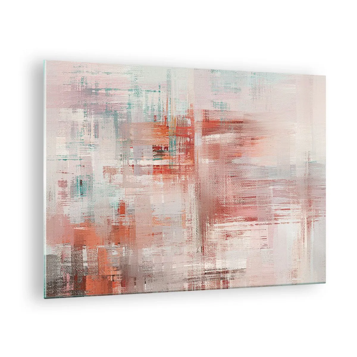 Billede på glas - En abstrakt komposition i nuancer af rød og beige. - 70x50cm - Diset. Hvor er dog det lyserødt - Moderne vægdekoration til stue og soveværelse ARTTOR