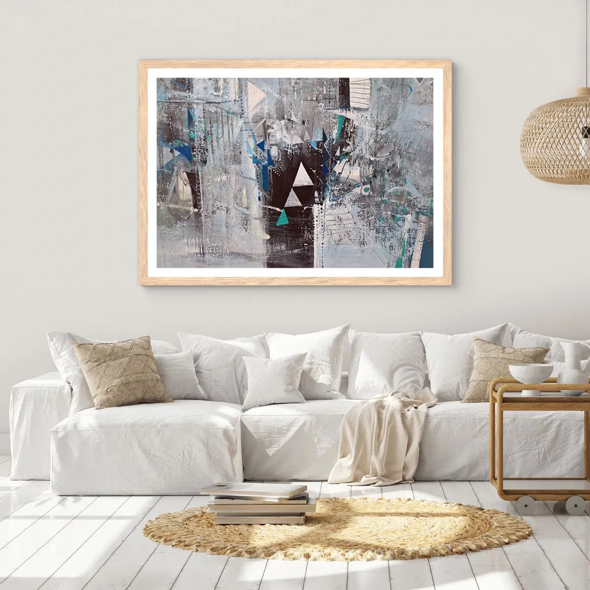 Plakat i ramme af lyst egetræ - Overordnet rækkefølge af trekanter - 50x40 cm