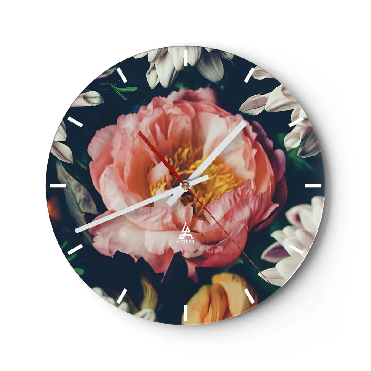 Vægur, Uret - Nærbillede af en lyserød pæonblomst omgivet af andre blomster - 30x30cm - Med barok pragt - Moderne vægdekoration til stue, køkken og soveværelse ARTTOR