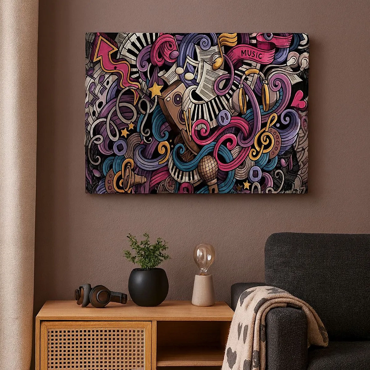 Lærredstryk - Billede på lærred - En musikalsk abstraktion fuld af farverige instrumenter og noder. - 70x50cm - Kompliceret melodi - Moderne vægdekoration til stue og soveværelse ARTTOR