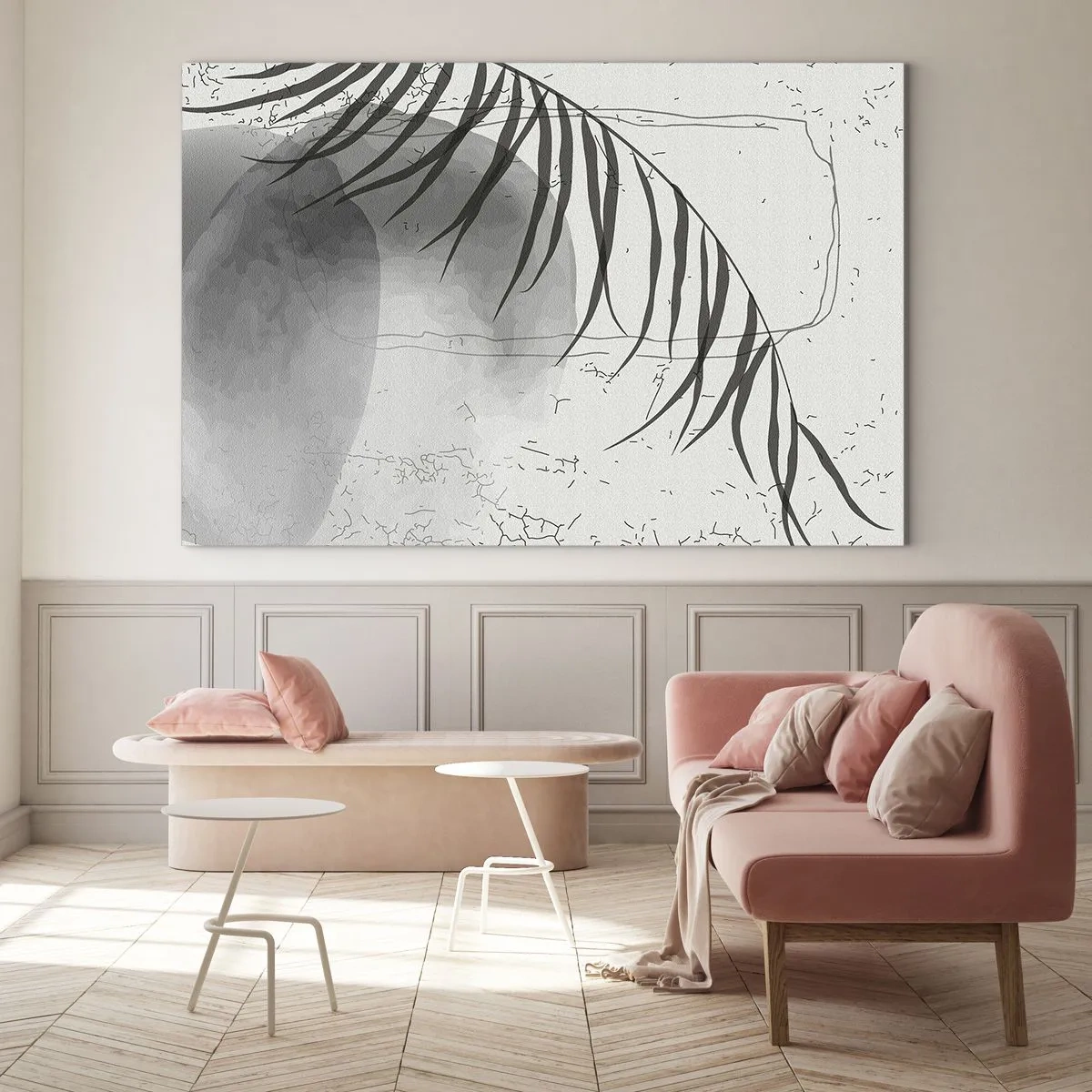 Billede på glas - Sort-hvid palmebladskyggegrafik - 70x50cm - Den subtile eksotisme i naturen - Moderne vægdekoration til stue og soveværelse ARTTOR