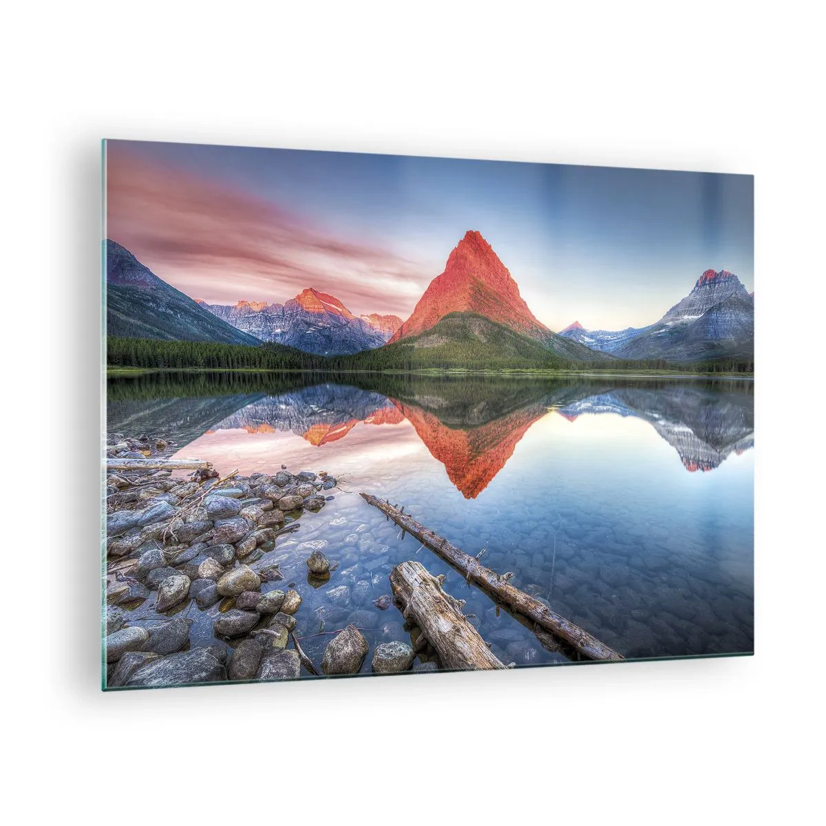 Billede på glas - En bjergtop spejlet i en rolig sø - 70x50cm - Varme og kulde - Moderne vægdekoration til stue og soveværelse ARTTOR