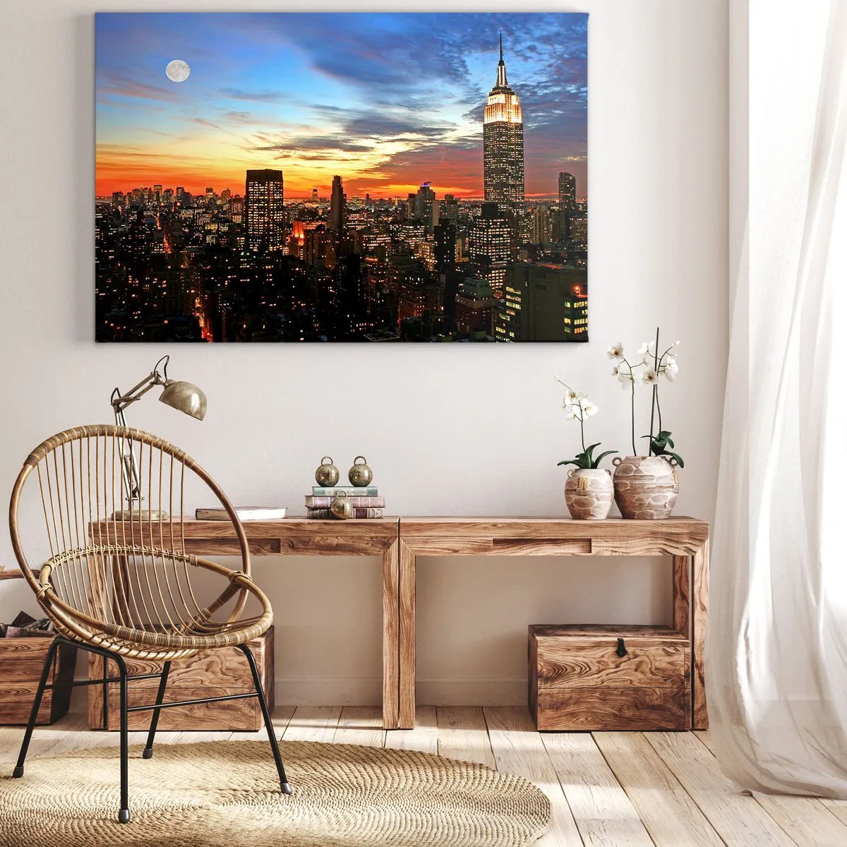 Lærredstryk - Billede på lærred - Bypanorama med oplyste skyskrabere i skumringen - 70x50cm - En lysende amerikansk nat - Moderne vægdekoration til stue og soveværelse ARTTOR