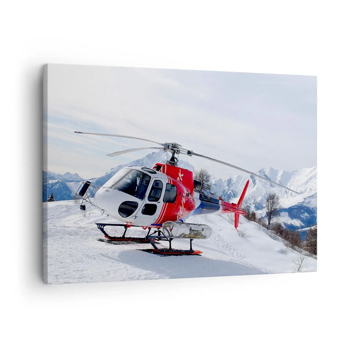 Lærredstryk - Billede på lærred - En rød helikopter mod et snedækket bjerglandskab. - 70x50cm - Altid klar - Moderne vægdekoration til stue og soveværelse ARTTOR