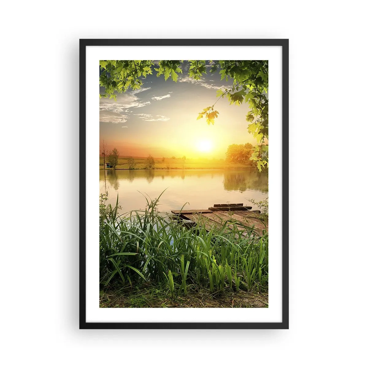 Plakat i sort ramme - Solnedgang over søen med en mole - 50x70cm - Landskab i en grøn ramme - Moderne vægdekoration til stue og soveværelse ARTTOR