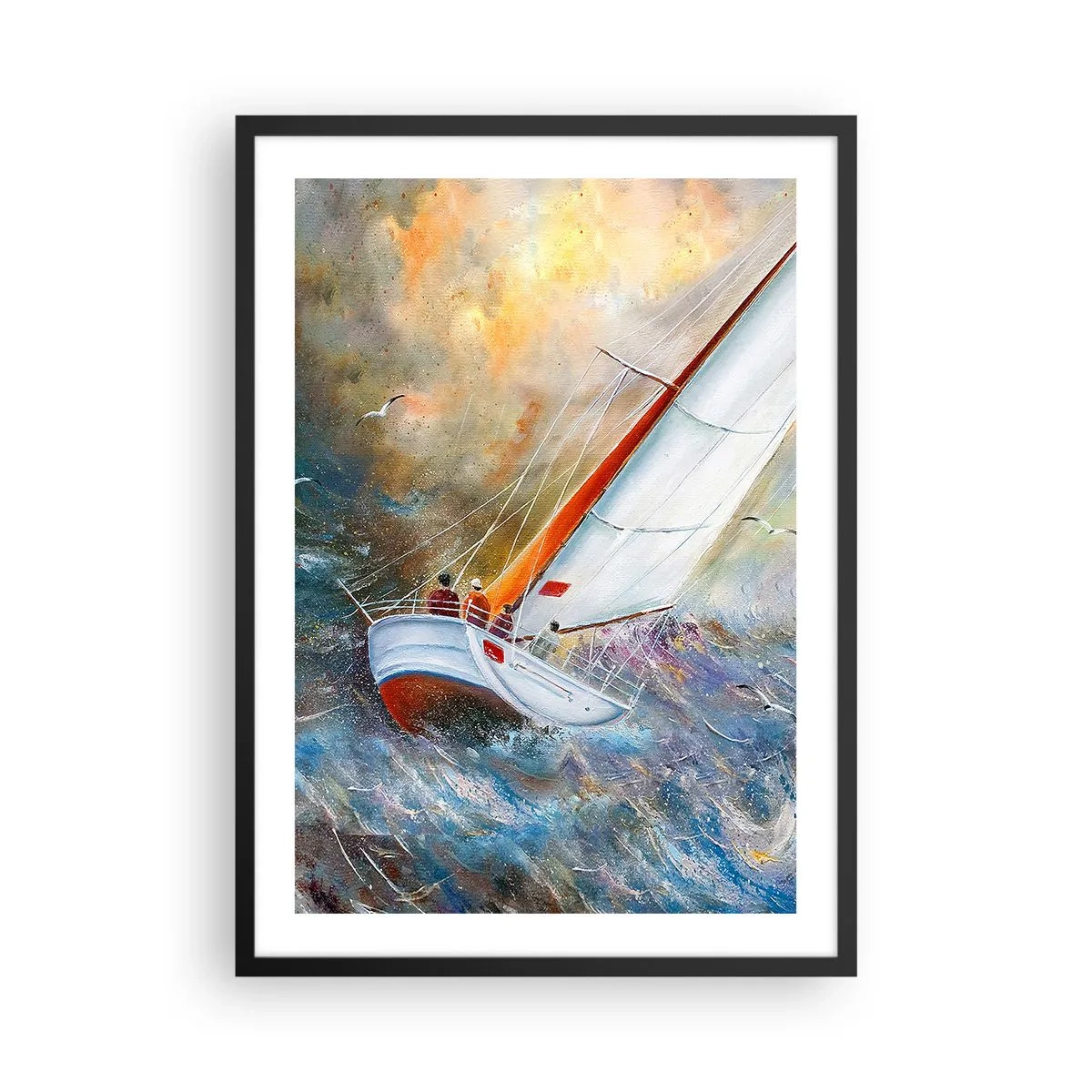 Plakat i sort ramme - En yacht sejler på et stormfuldt hav i et malerisk landskab - 50x70cm - Løber på bølgerne - Moderne vægdekoration til stue og soveværelse ARTTOR