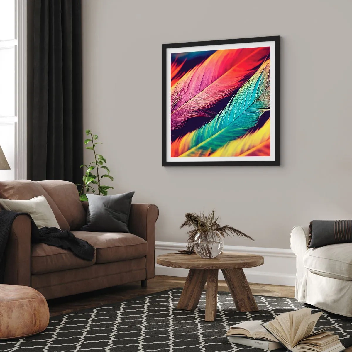 Plakat i sort ramme - Fjeragtig regnbue - 30x30 cm