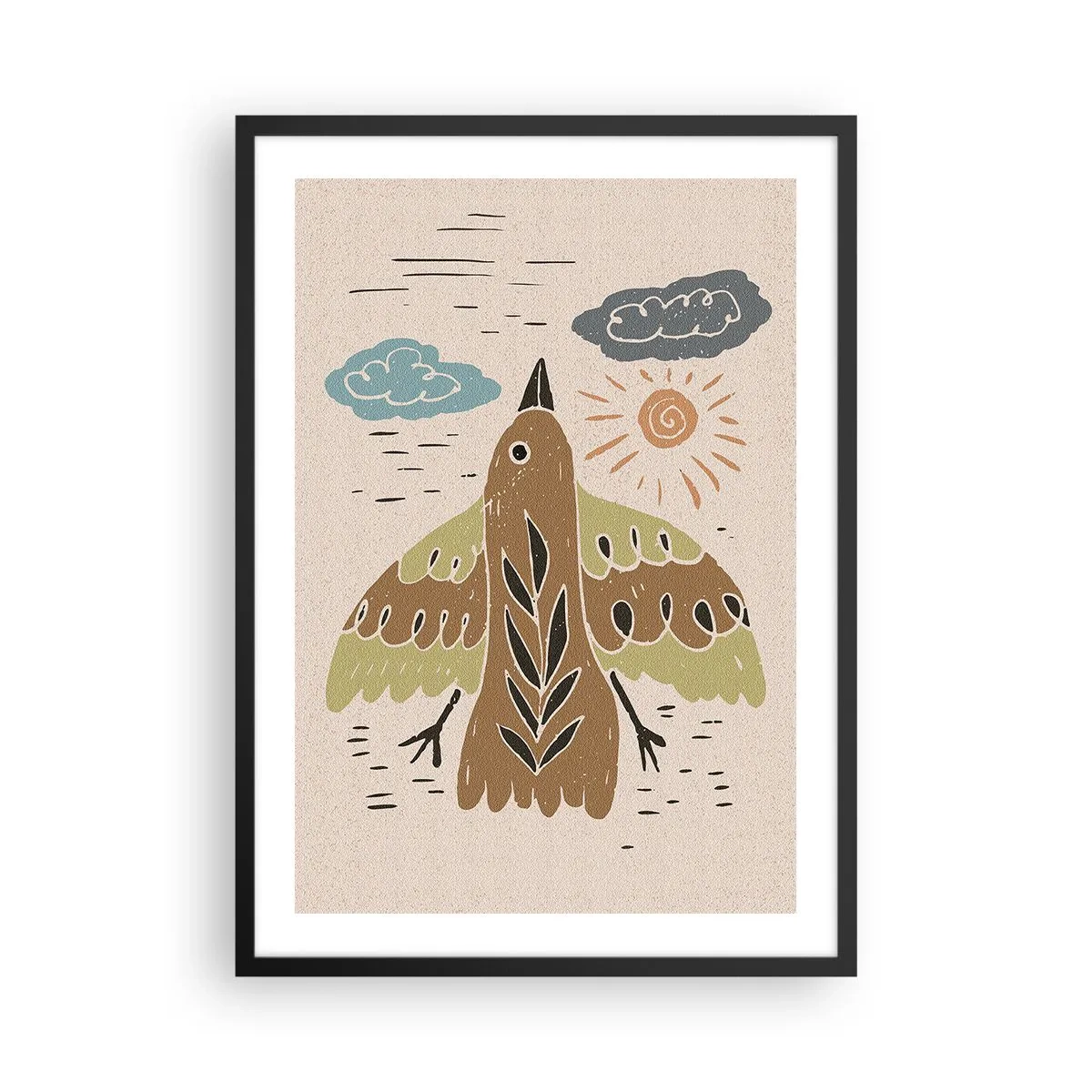 Plakat i sort ramme - En farverig illustration af en fugl i flugt med skyer og solen i baggrunden. - 50x70cm - Glædelig flugt - Moderne vægdekoration til stue og soveværelse ARTTOR