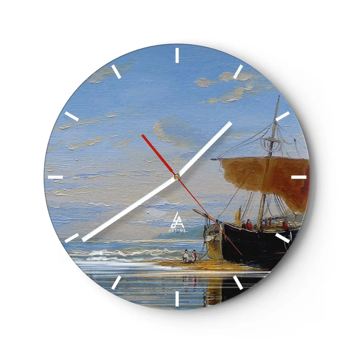 Vægur, Uret - Et sejlskib ved kysten med mennesker mod himmel og hav i baggrunden - 30x30cm - Vand, jord, luft - Moderne vægdekoration til stue, køkken og soveværelse ARTTOR