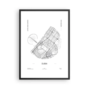 Plakat i sort ramme - Minimalistisk sort-hvidt kort over Dubai - 50x70cm - Dubais anatomi - Moderne vægdekoration til stue og soveværelse ARTTOR