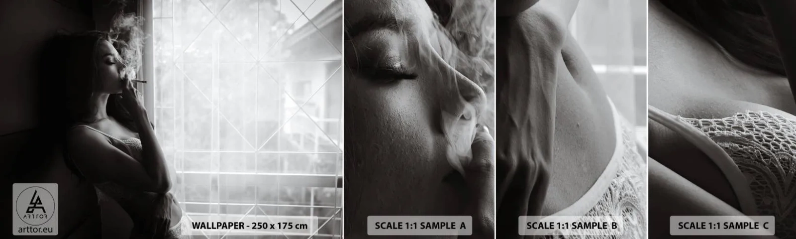 Prøve Fototapet Selvklæbende Deluxe Sticker - Et sensuelt øjeblik - Kvinde, Cigaret, Soveværelse - 100x30 cm