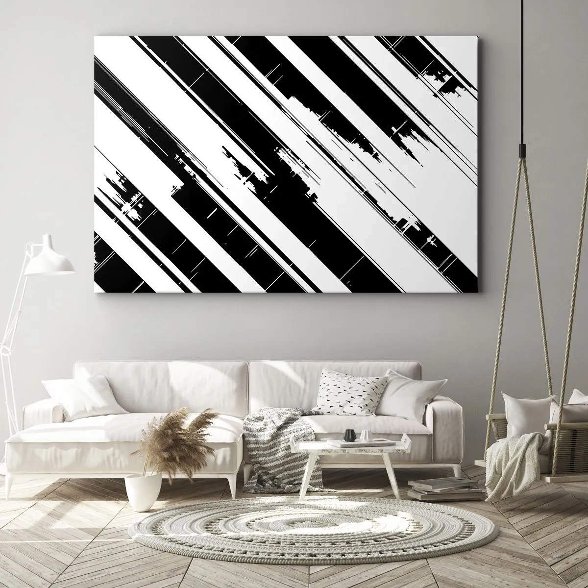Lærredstryk - Billede på lærred - Sorte og hvide linjer og geometriske mønstre i en moderne stil - 70x50cm - Intens og dynamisk komposition - Moderne vægdekoration til stue og soveværelse ARTTOR