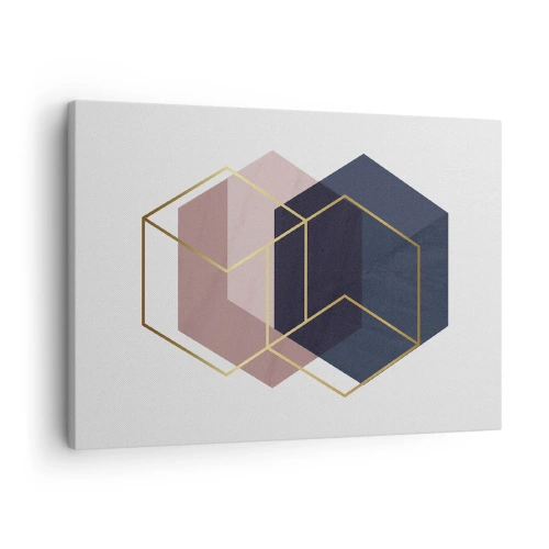 Lærredstryk - Billede på lærred - Geometriske former i gyldne linjer på en pastelfarvet baggrund - 70x50cm - Styrken ved enkelhed - Moderne vægdekoration til stue og soveværelse ARTTOR