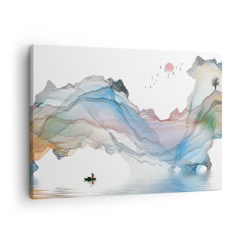 Lærredstryk - Billede på lærred - Et diskret landskab med bjerge, vand og en båd - 70x50cm - Mod krystalbjergene - Moderne vægdekoration til stue og soveværelse ARTTOR