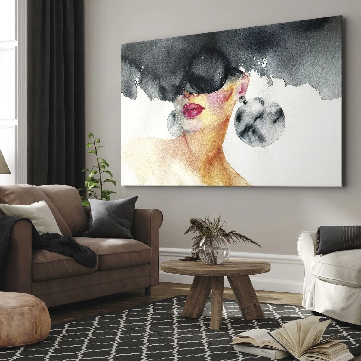 Lærredstryk - Billede på lærred - En kvinde med stilfulde briller og store øreringe - 70x50cm - Hemmeligheden bag elegance - Moderne vægdekoration til stue og soveværelse ARTTOR