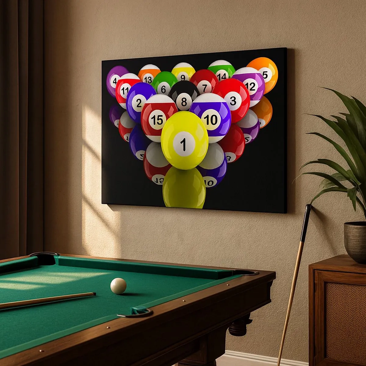 Lærredstryk - Billede på lærred - Farverige billardkugler arrangeret i en trekant på en sort baggrund - 70x50cm - Forskellige farver af leg - Moderne vægdekoration til stue og soveværelse ARTTOR