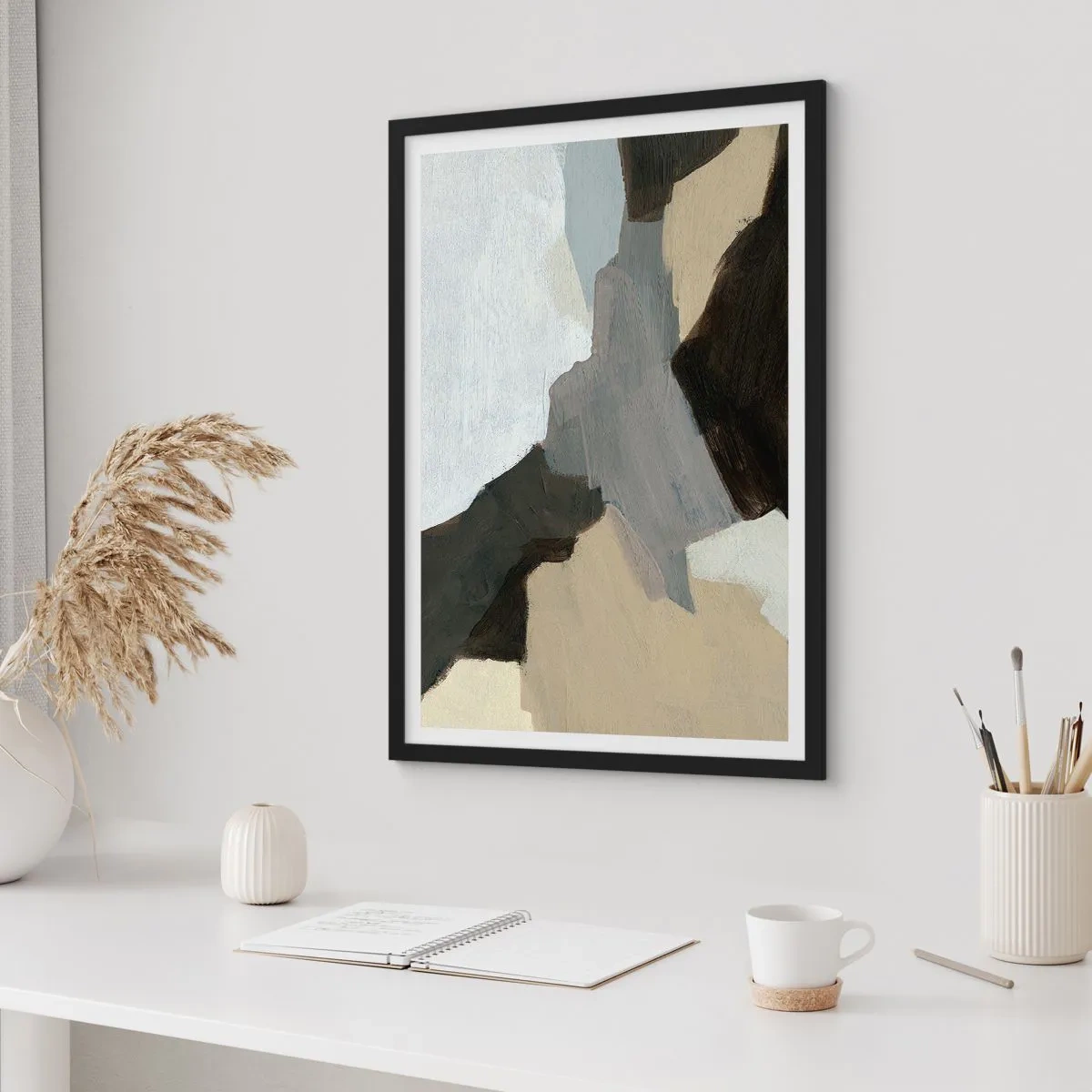 Plakat i sort ramme - Abstrakt komposition i dæmpede farver - 50x70cm - Abstraktion: afsked med det grå - Moderne vægdekoration til stue og soveværelse ARTTOR