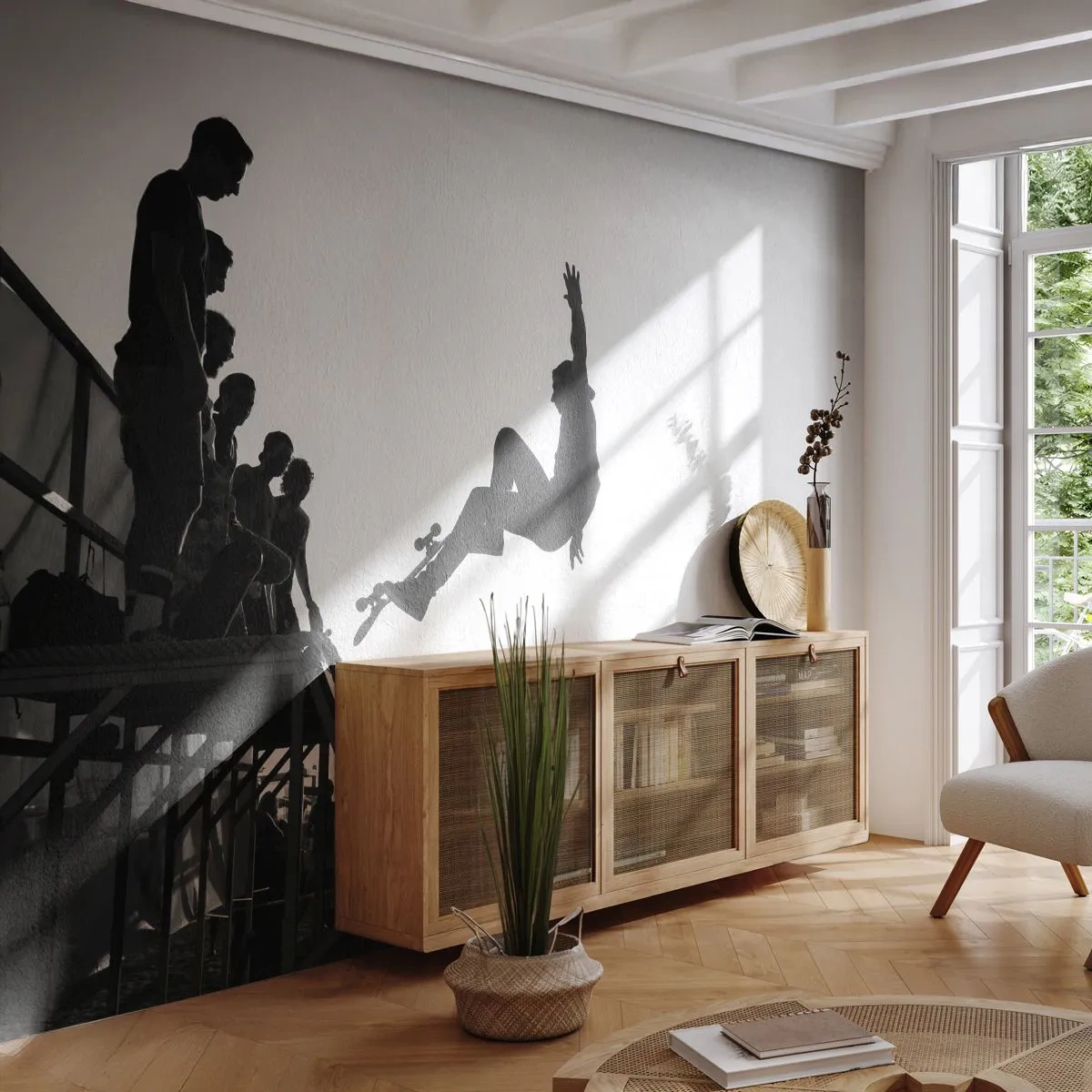 Fototapet Standard Eco - Sort-hvid skateboardscene på en rampe - 100x70cm - Helte og tilskuere - Moderne vægdekoration til stue og soveværelse ARTTOR