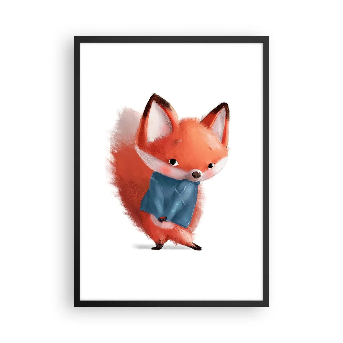Plakat i sort ramme - En charmerende rød ræv i en blå sweater - 50x70cm - Ser jeg smuk ud i den her? - Moderne vægdekoration til stue og soveværelse ARTTOR