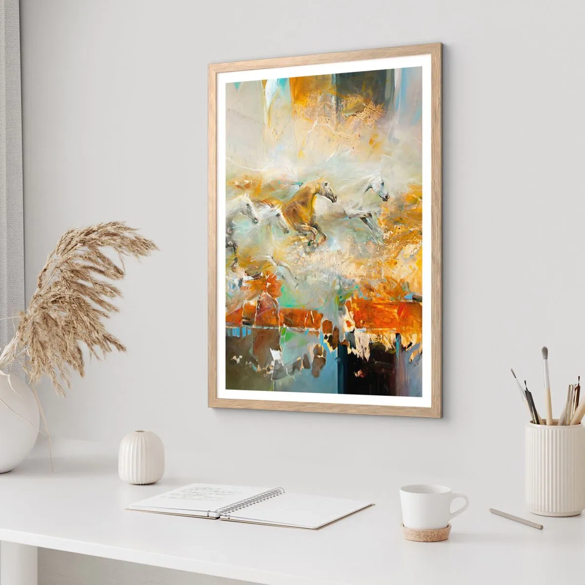 Plakat i ramme af lyst egetræ - Galopperer gennem lyset - 70x100 cm