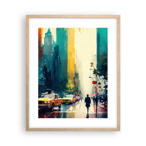 Plakat i ramme af lyst egetræ - New York - her er selv regnen farverig - 40x50 cm