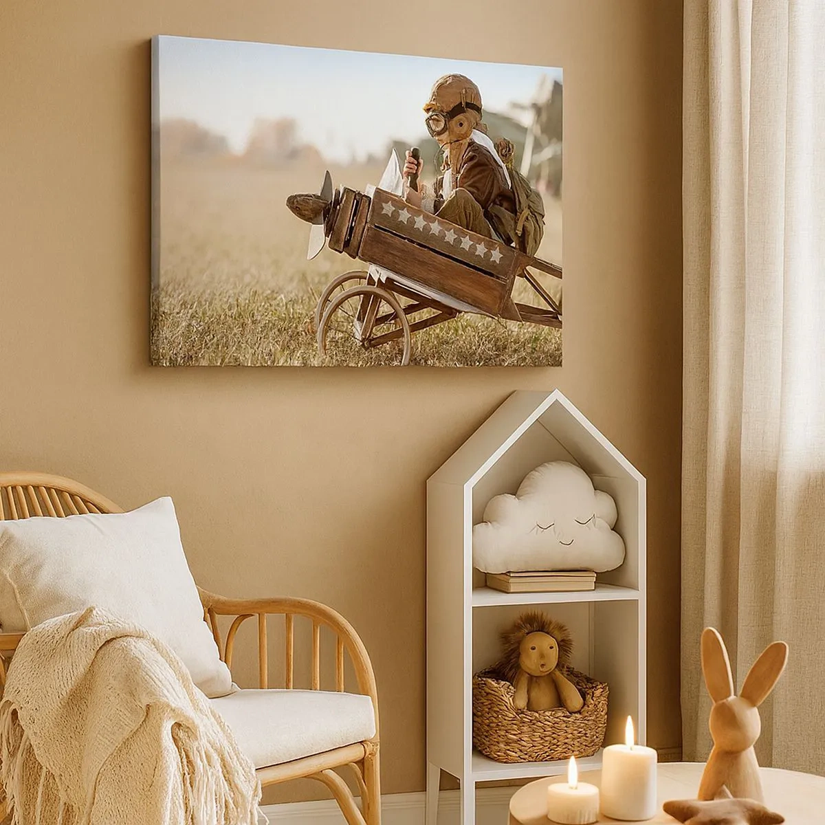 Lærredstryk - Billede på lærred - Et barn i et legetøjsfly med en mark i baggrunden - 70x50cm - Start mod drømmen - Moderne vægdekoration til stue og soveværelse ARTTOR