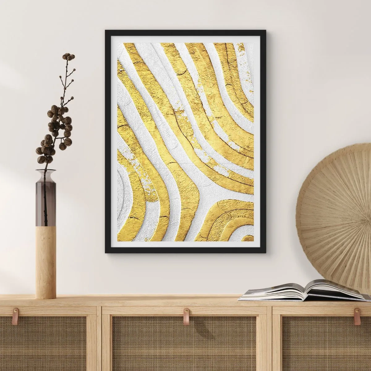 Plakat i sort ramme - Sammensætning i hvidt og guld - 40x50 cm