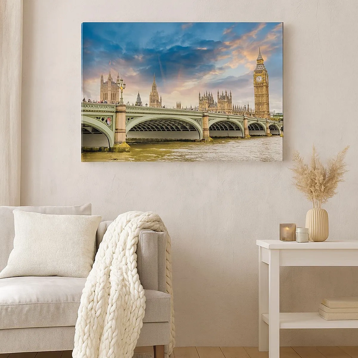 Lærredstryk - Billede på lærred - Big Ben og Westminster Bridge mod himlen i skumringen - 70x50cm - Tiden stod stille i Imperiet - Moderne vægdekoration til stue og soveværelse ARTTOR
