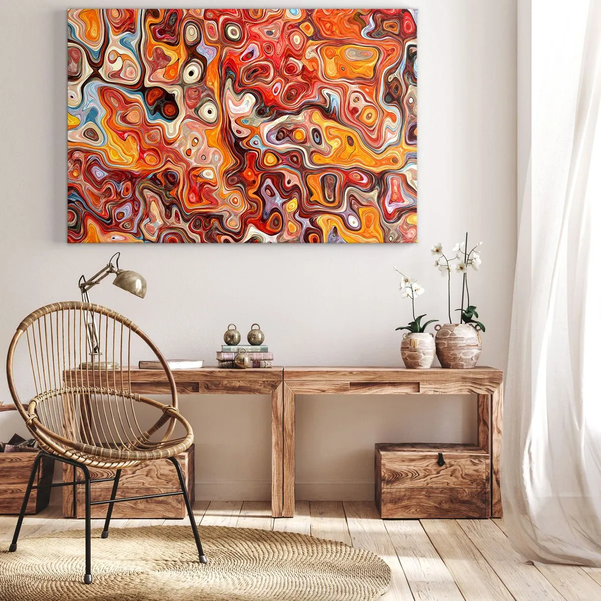 Lærredstryk - Billede på lærred - En abstrakt komposition i varme nuancer af rød, orange og gul. - 70x50cm - Hvis nødderne var smeltet i honningen - Moderne vægdekoration til stue og soveværelse ARTTOR