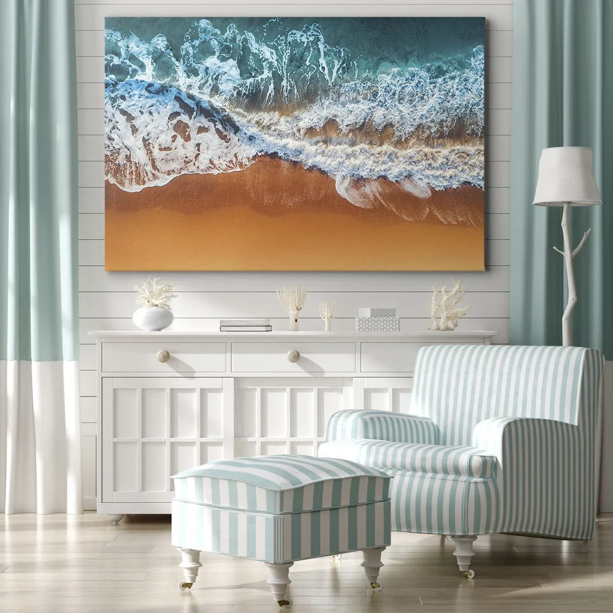Lærredstryk - Billede på lærred - Luftfoto af havbølger, der slår ind mod kysten - 70x50cm - Altid i tandem - Moderne vægdekoration til stue og soveværelse ARTTOR