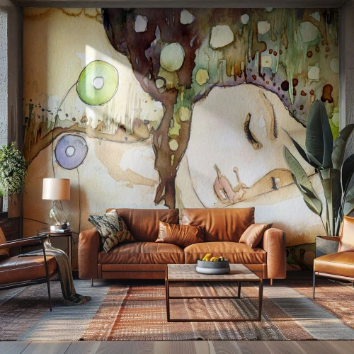 Fototapet Selvklæbende Deluxe Sticker - Smaragd-violet drøm - Abstraktion, Kvinde, Illustration - 300x210 cm