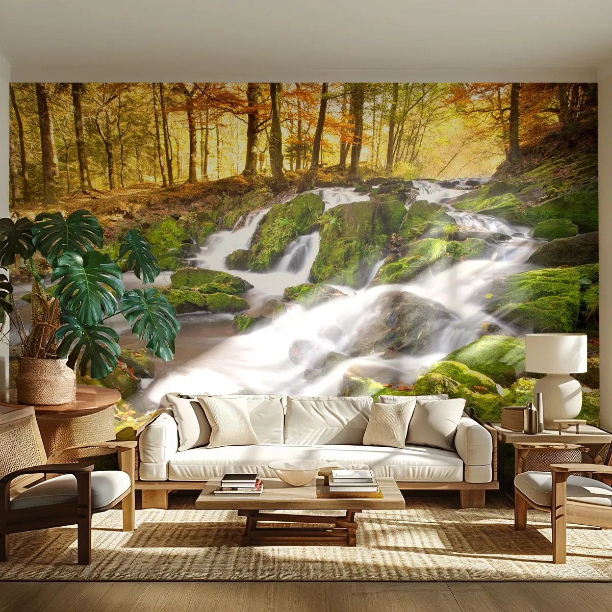 Fototapet Premium Sand - Bystrøm gennem efterårsskoven - Landskab, Skov, Bjergstrøm - 100x70 cm