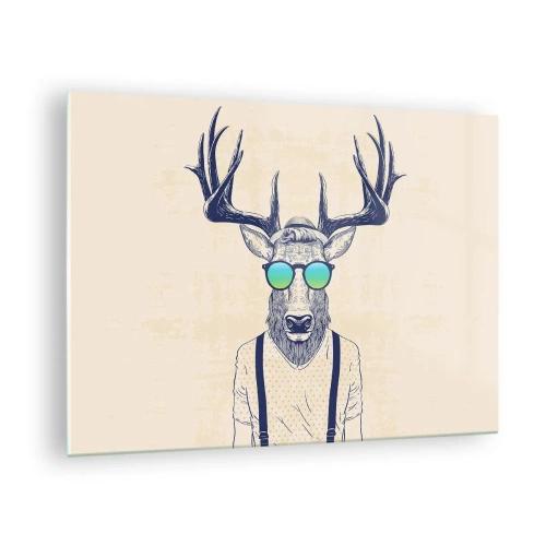 Billede på glas - En elegant hjort i solbriller på en lys baggrund - 70x50cm - Hvem forventede du? - Moderne vægdekoration til stue og soveværelse ARTTOR