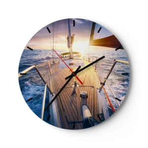 Vægur, Uret - En yacht på åbent hav, oplyst af den nedgående sols stråler - 30x30cm - Løber på bølgerne - Moderne vægdekoration til stue, køkken og soveværelse ARTTOR