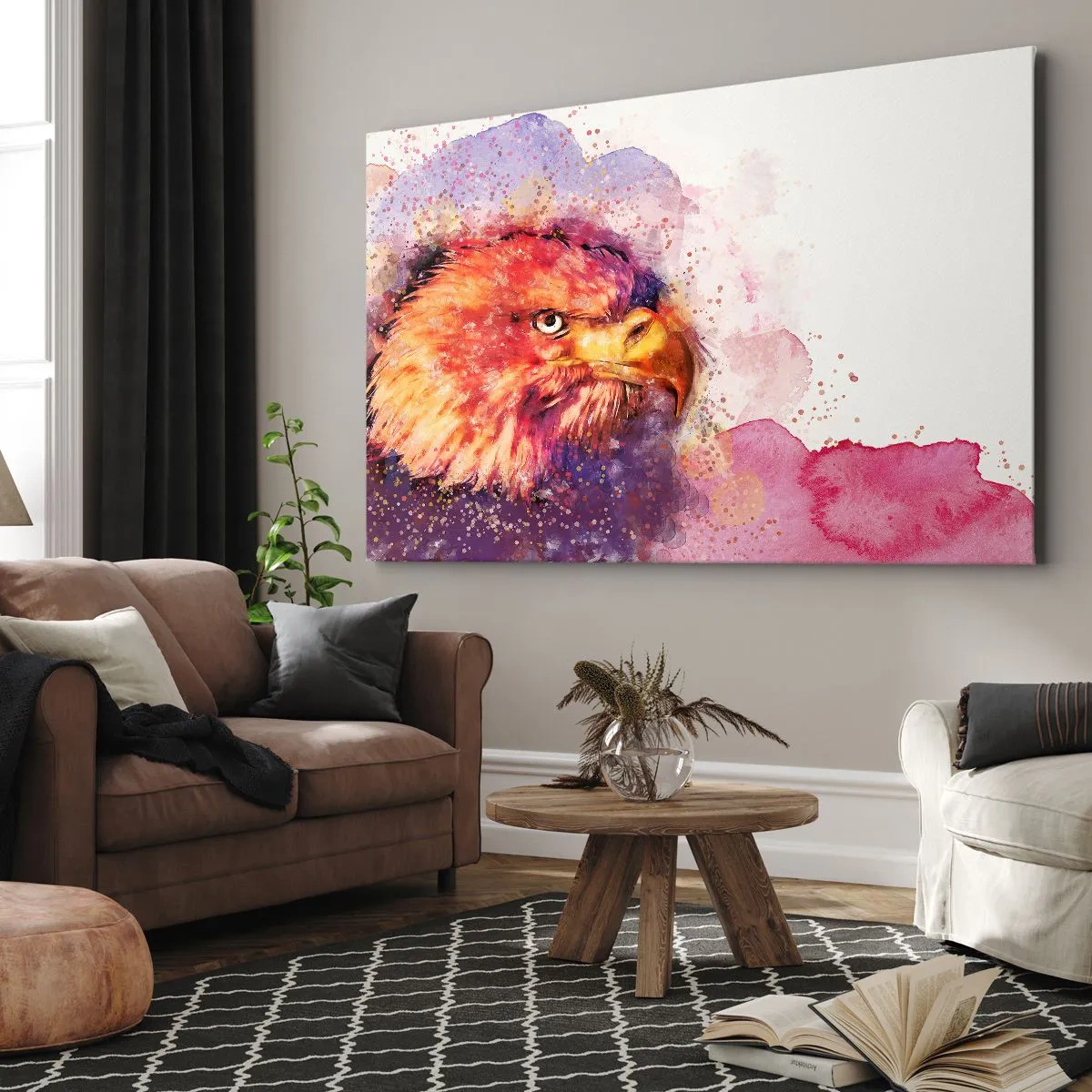 Lærredstryk - Billede på lærred - Portræt af en ørn i kunstneriske akvarelfarver - 70x50cm - Du vil ikke vide, hvad jeg tænker på - Moderne vægdekoration til stue og soveværelse ARTTOR