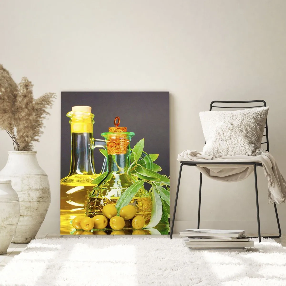 Billede på glas - Stilleben med oliven og olie - 80x120 cm