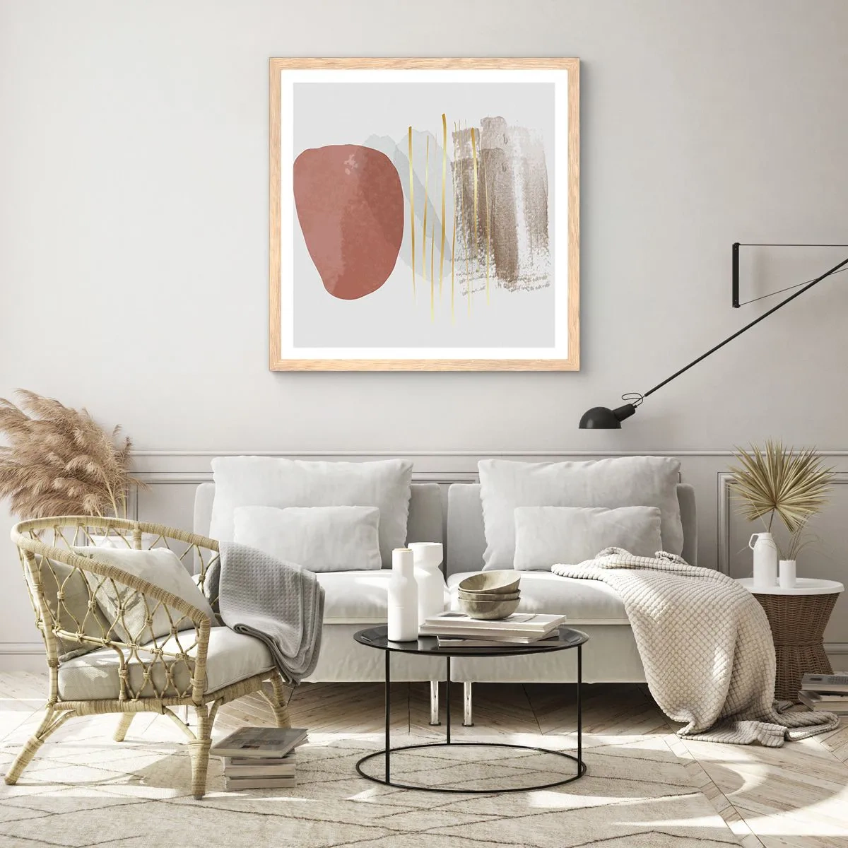 Plakat i ramme af lyst egetræ - Abstrakt kolonnade - 50x50 cm