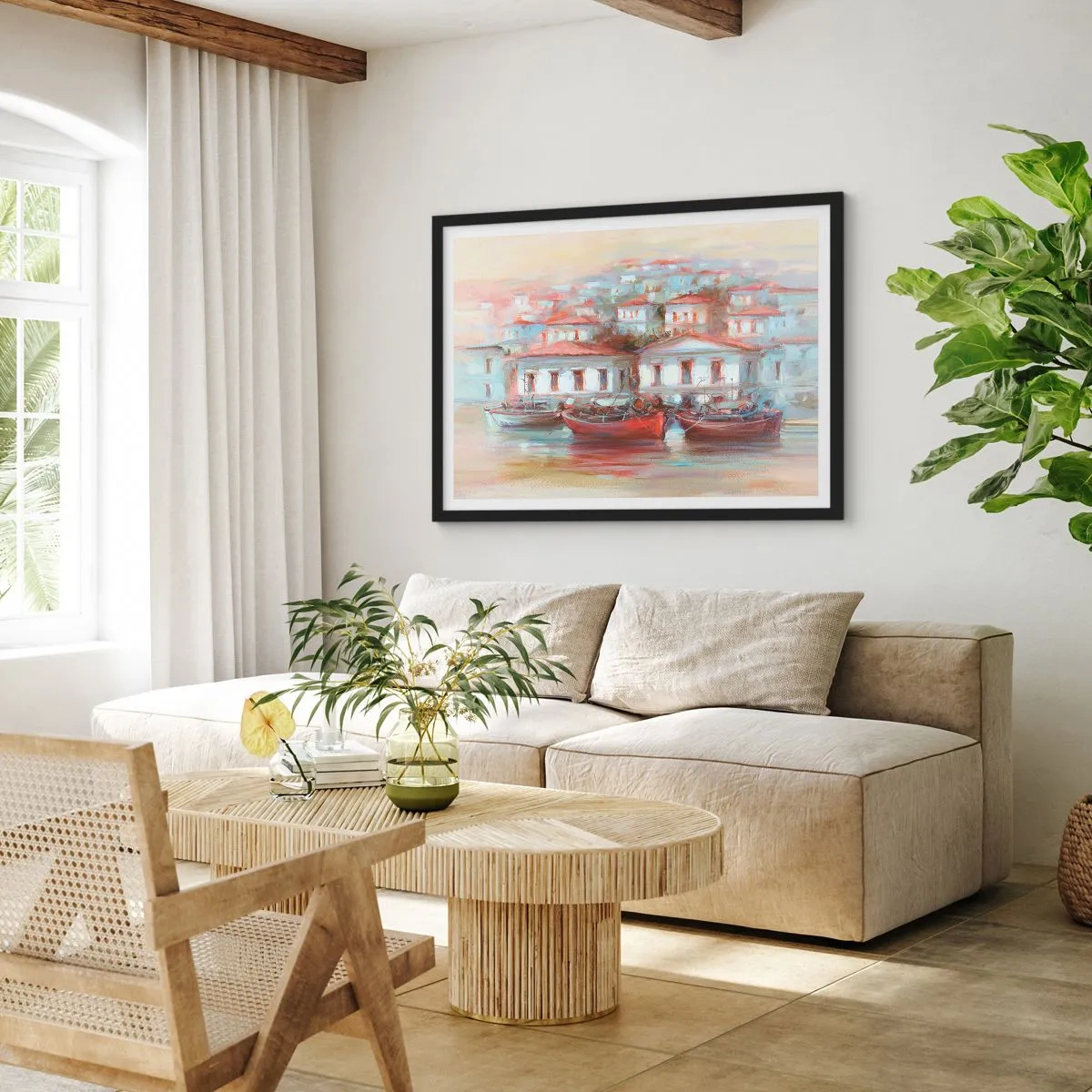 Plakat i sort ramme - Lykkelig by - 70x50 cm